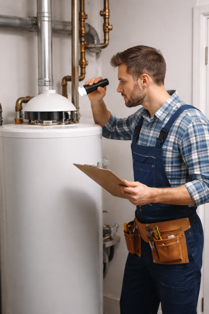 Man inspecting a residential water heater in a home utility room.