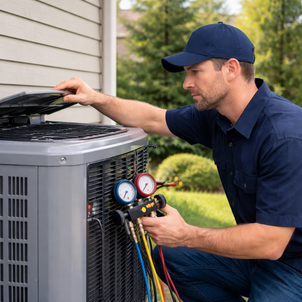HVAC technician inspecting a residential air conditioning system