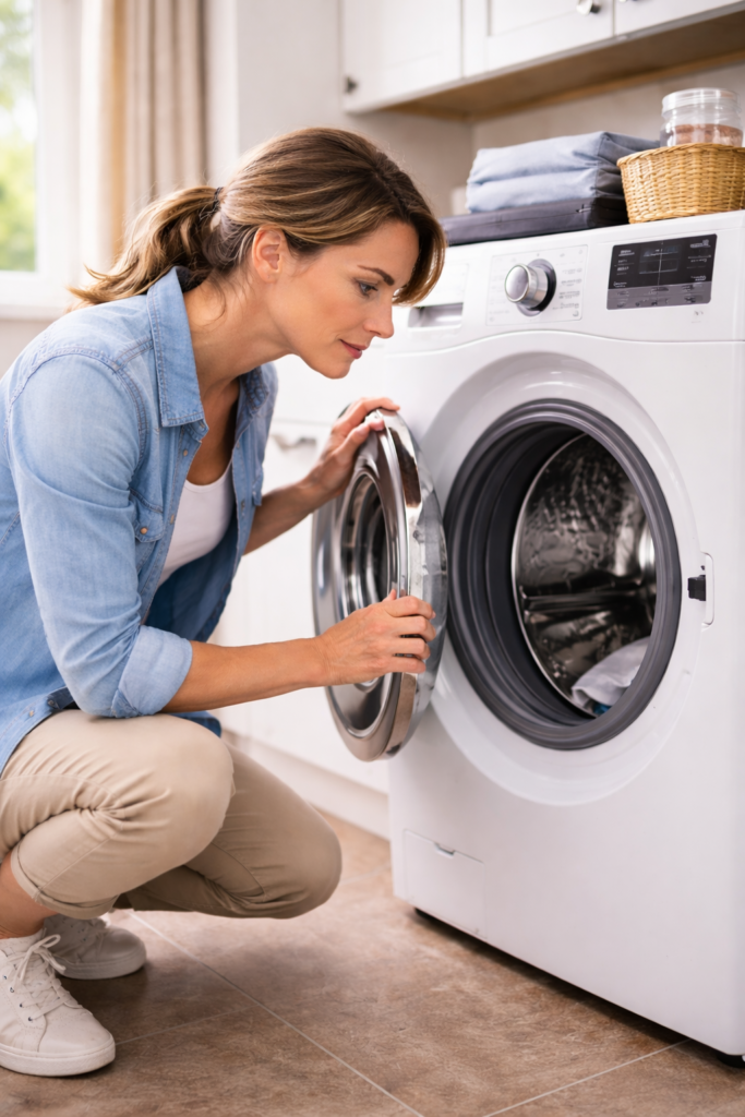 Homeowner inspecting a front-load dryer in a laundry room