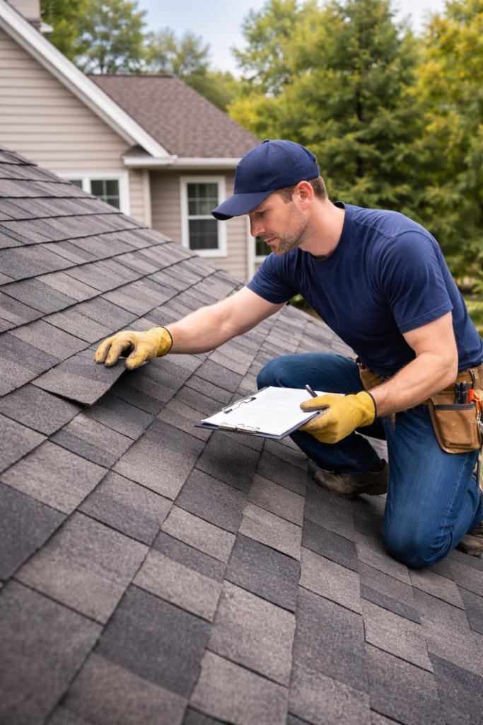 Contractor inspecting residential roof shingles for damage