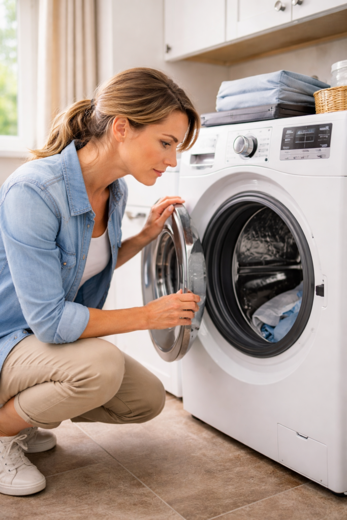 Homeowner inspecting a front-load washing machine in a laundry room