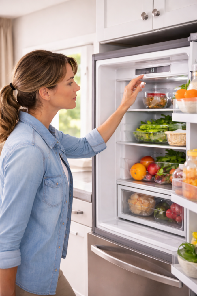 Homeowner checking temperature settings inside a kitchen refrigerator