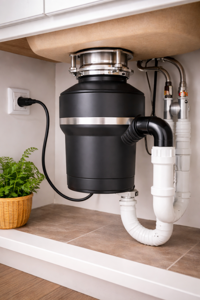 Under-sink garbage disposal unit connected to kitchen plumbing