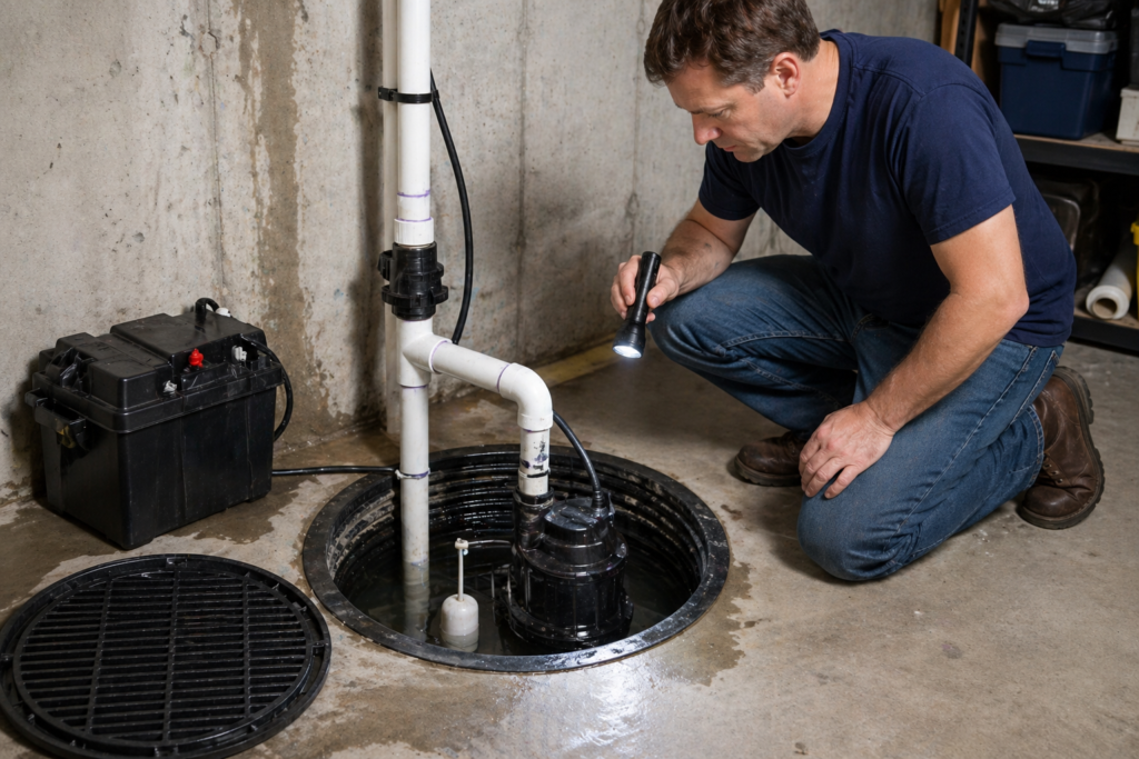 Sump pump installed in a basement pit with water drainage system