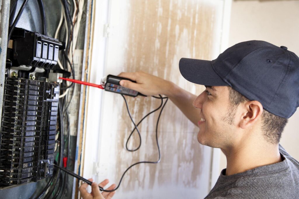Residential electrical breaker panel installed in a utility area